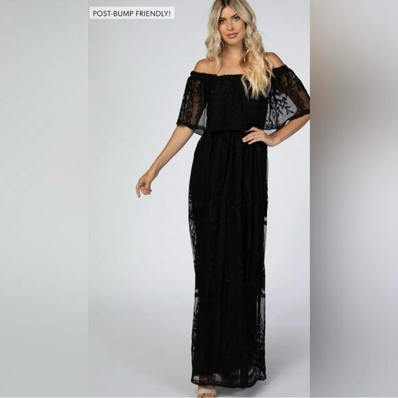 Pinkblush Dresses & Skirts - PinkBlush Off Shoulder Lace Overlay Maxi Black Dress Size S
